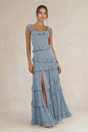 Tiered Square Neck Ruffled A-Line Bridesmaid Dress in Dusty Blue | KISSBRIDAL