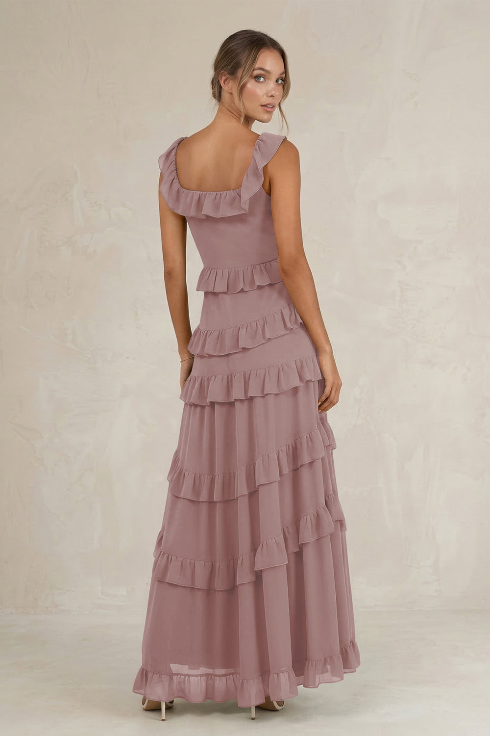Tiered Square Neck Ruffled A-Line Bridesmaid Dress in Dusty Rose