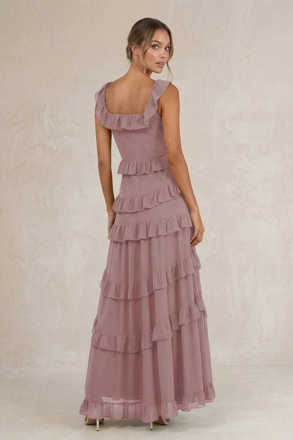 Tiered Square Neck Ruffled A-Line Bridesmaid Dress in Dusty Rose (2) | KISSBRIDAL