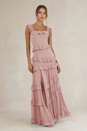 Tiered Square Neck Ruffled A - Line Bridesmaid Dress in Dusty Rose - SHE IS ME Bridesmaid Dresses