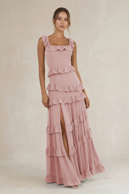 Tiered Square Neck Ruffled A - Line Bridesmaid Dress in Dusty Rose - SHE IS ME Bridesmaid Dresses