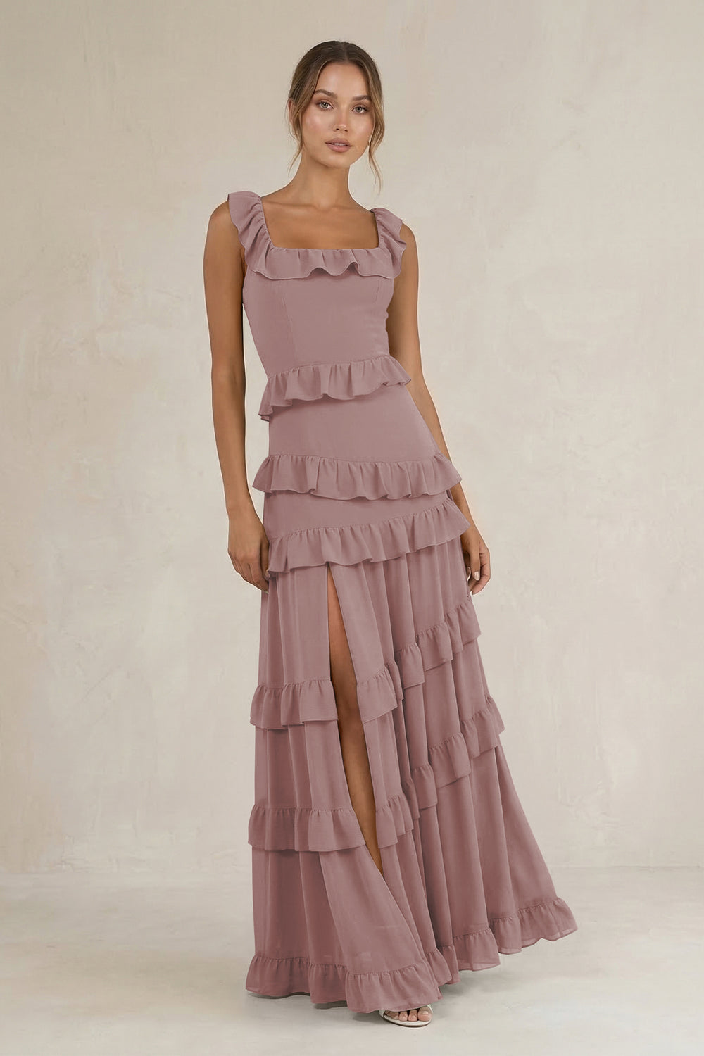 Tiered Square Neck Ruffled A-Line Bridesmaid Dress in Dusty Rose