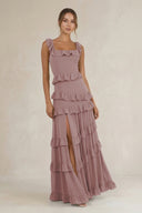 Tiered Square Neck Ruffled A-Line Bridesmaid Dress in Dusty Rose | KISSBRIDAL