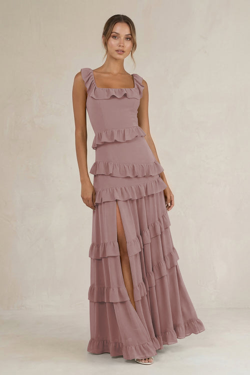 Tiered Square Neck Ruffled A-Line Bridesmaid Dress in Dusty Rose | KISSBRIDAL