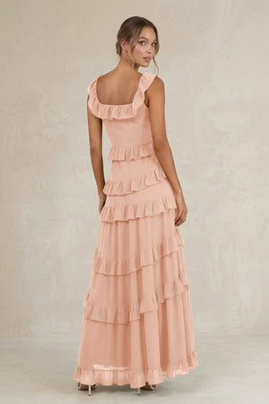 Tiered Square Neck Ruffled A - Line Bridesmaid Dress in English Rose - SHE IS ME Bridesmaid Dresses