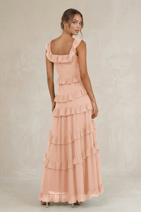 Tiered Square Neck Ruffled A - Line Bridesmaid Dress in English Rose - SHE IS ME Bridesmaid Dresses