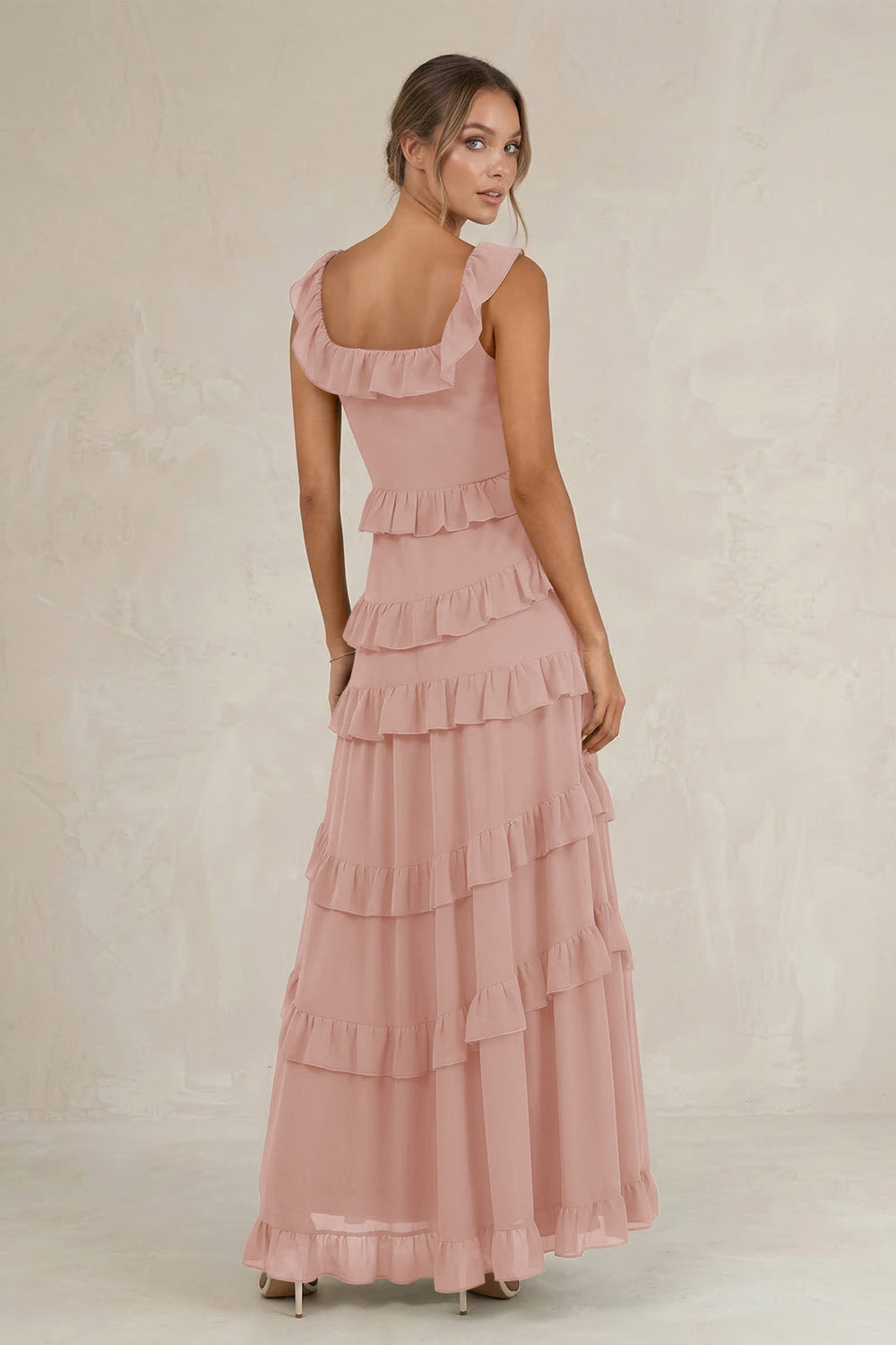 Tiered Square Neck Ruffled A-Line Bridesmaid Dress in English Rose