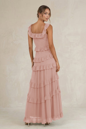 Tiered Square Neck Ruffled A-Line Bridesmaid Dress in English Rose (2) | KISSBRIDAL