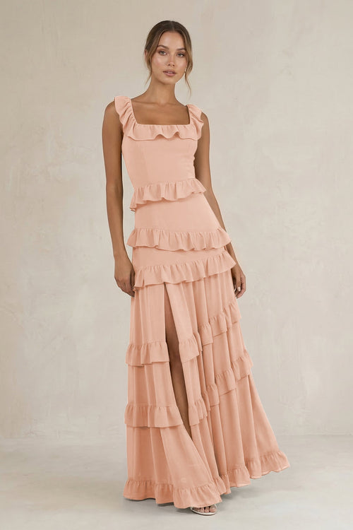 Tiered Square Neck Ruffled A - Line Bridesmaid Dress in English Rose - SHE IS ME Bridesmaid Dresses
