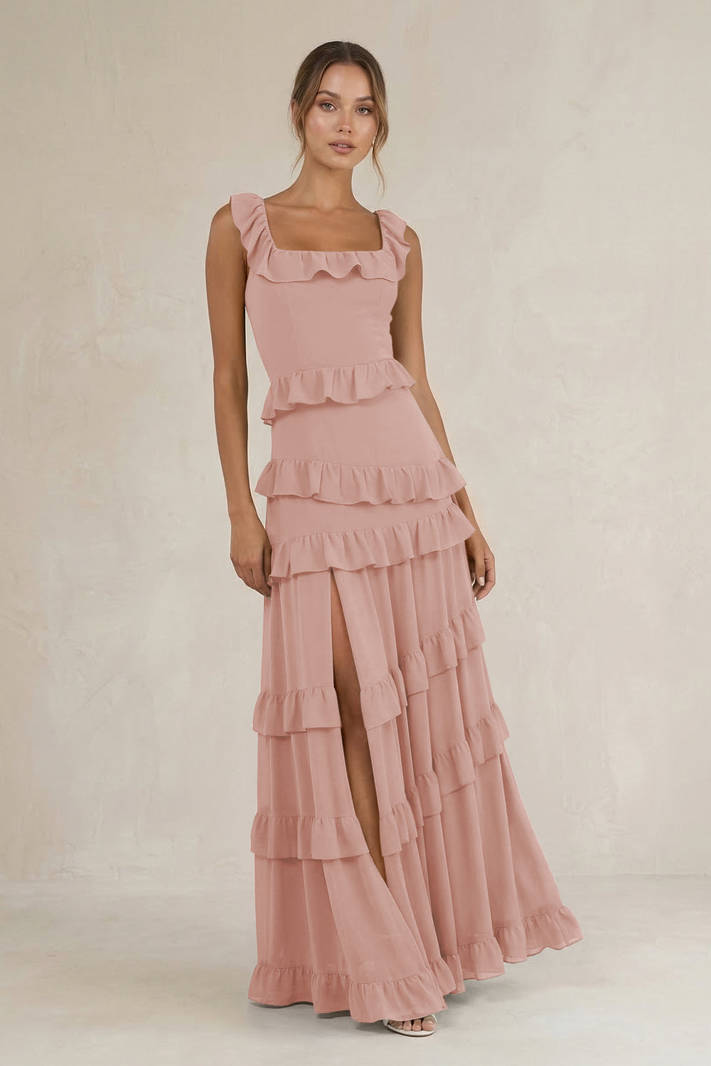 Tiered Square Neck Ruffled A-Line Bridesmaid Dress in English Rose