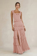 Tiered Square Neck Ruffled A-Line Bridesmaid Dress in English Rose | KISSBRIDAL