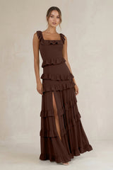Tiered Square Neck Ruffled A - Line Bridesmaid Dress in Espresso - KISS BRIDAL Bridesmaid Dresses