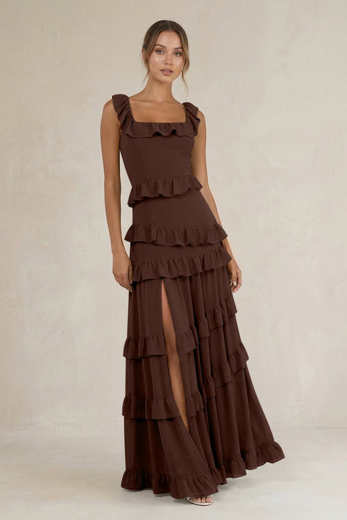 Tiered Square Neck Ruffled A - Line Bridesmaid Dress in Espresso - SHE IS ME Bridesmaid Dresses