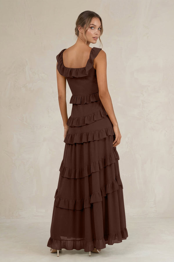 Tiered Square Neck Ruffled A - Line Bridesmaid Dress in Espresso - SHE IS ME Bridesmaid Dresses