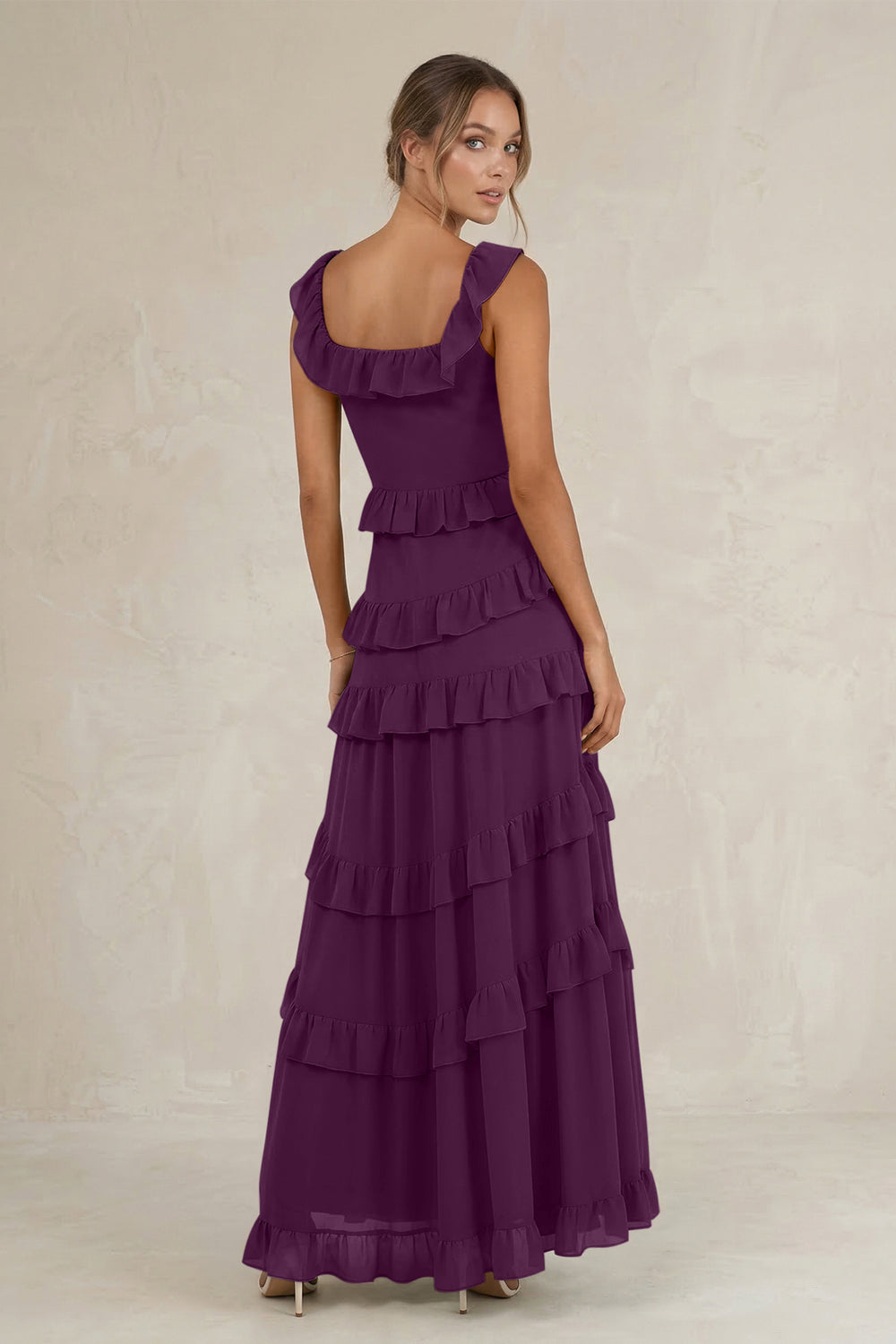 Tiered Square Neck Ruffled A-Line Bridesmaid Dress in Fig