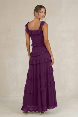 Tiered Square Neck Ruffled A-Line Bridesmaid Dress in Fig (2) | KISSBRIDAL