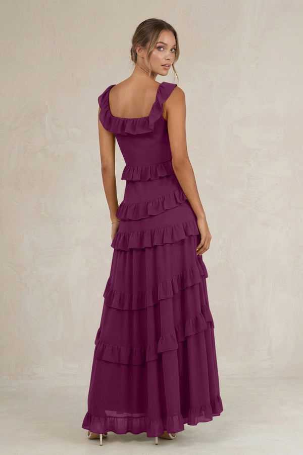 Tiered Square Neck Ruffled A - Line Bridesmaid Dress in Fig - SHE IS ME Bridesmaid Dresses