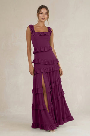 Tiered Square Neck Ruffled A - Line Bridesmaid Dress in Fig - SHE IS ME Bridesmaid Dresses