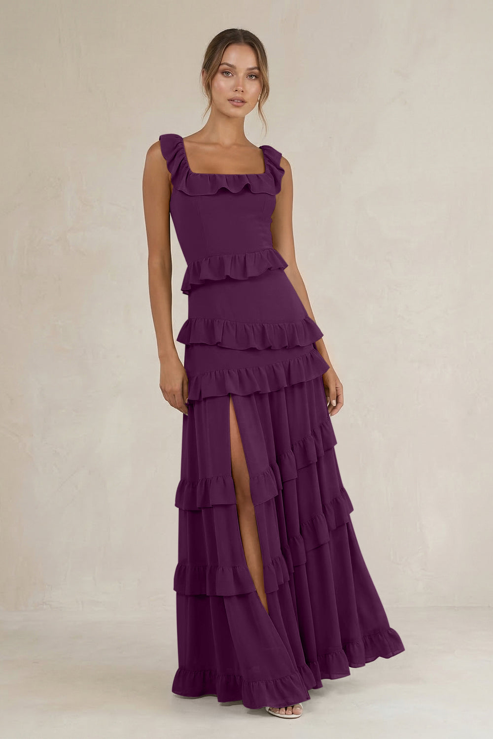 Tiered Square Neck Ruffled A-Line Bridesmaid Dress in Fig