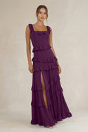 Tiered Square Neck Ruffled A-Line Bridesmaid Dress in Fig | KISSBRIDAL