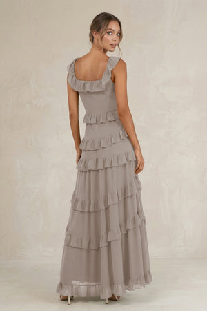 Tiered Square Neck Ruffled A-Line Bridesmaid Dress in Frost (2) | KISSBRIDAL