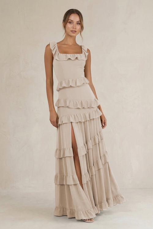 Tiered Square Neck Ruffled A - Line Bridesmaid Dress in Frost - SHE IS ME Bridesmaid Dresses