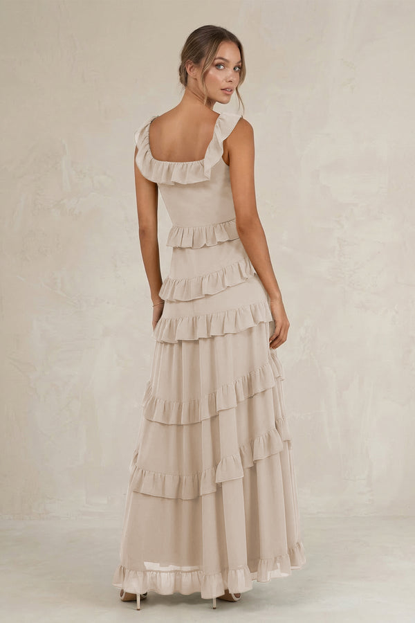 Tiered Square Neck Ruffled A - Line Bridesmaid Dress in Frost - SHE IS ME Bridesmaid Dresses