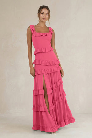 Tiered Square Neck Ruffled A - Line Bridesmaid Dress in Fuchsia - SHE IS ME Bridesmaid Dresses