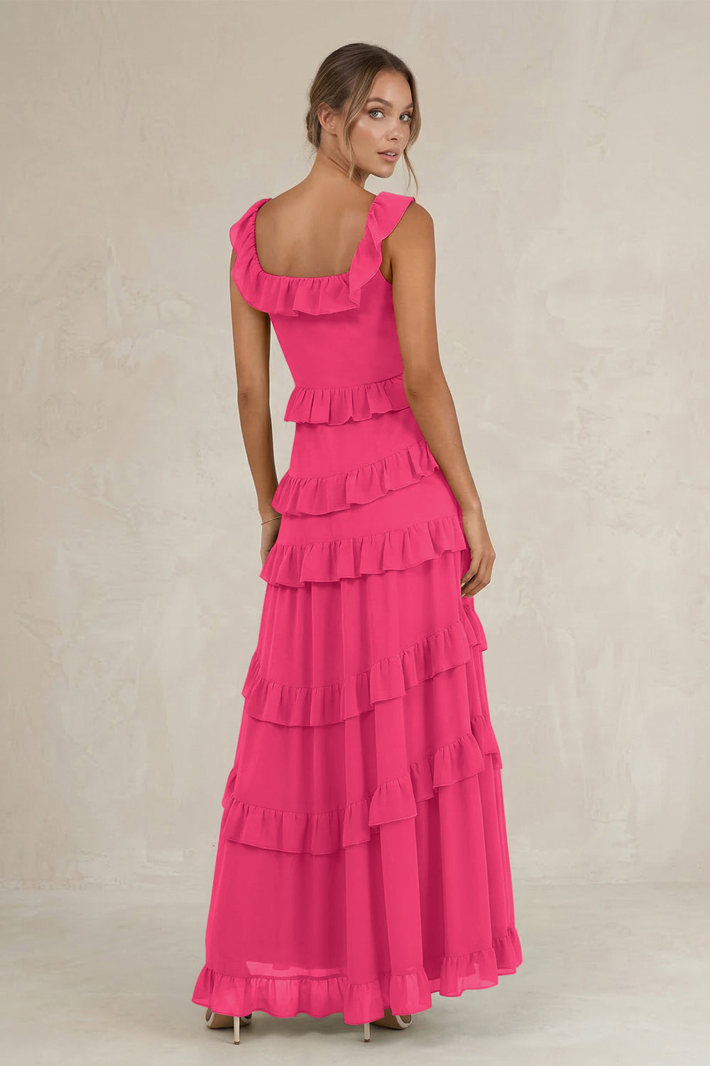 Tiered Square Neck Ruffled A-Line Bridesmaid Dress in Fuchsia