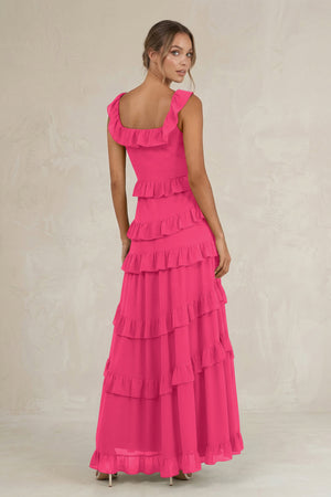 Tiered Square Neck Ruffled A-Line Bridesmaid Dress in Fuchsia (2) | KISSBRIDAL