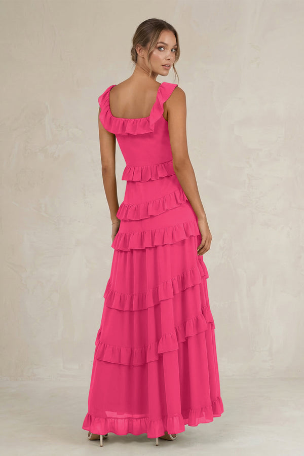 Tiered Square Neck Ruffled A-Line Bridesmaid Dress in Fuchsia (2) | KISSBRIDAL