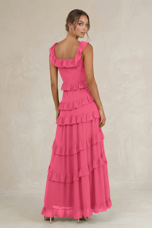 Tiered Square Neck Ruffled A - Line Bridesmaid Dress in Fuchsia - SHE IS ME Bridesmaid Dresses