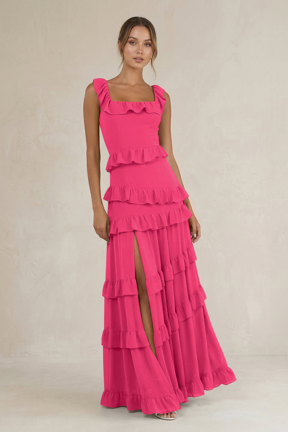 Tiered Square Neck Ruffled A-Line Bridesmaid Dress in Fuchsia