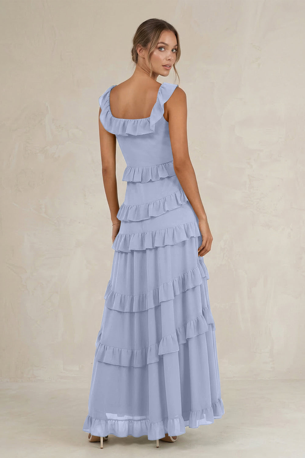 Tiered Square Neck Ruffled A-Line Bridesmaid Dress in Ice