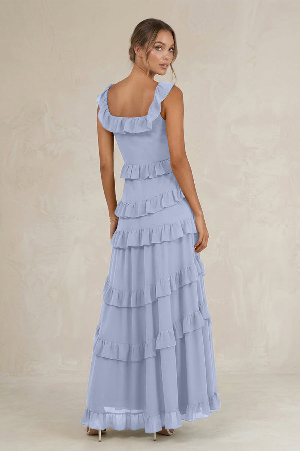 Tiered Square Neck Ruffled A-Line Bridesmaid Dress in Ice (2) | KISSBRIDAL