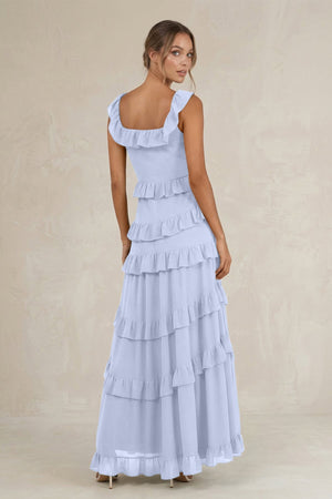 Tiered Square Neck Ruffled A - Line Bridesmaid Dress in Ice - SHE IS ME Bridesmaid Dresses