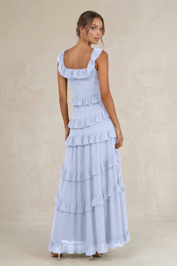 Tiered Square Neck Ruffled A - Line Bridesmaid Dress in Ice - SHE IS ME Bridesmaid Dresses