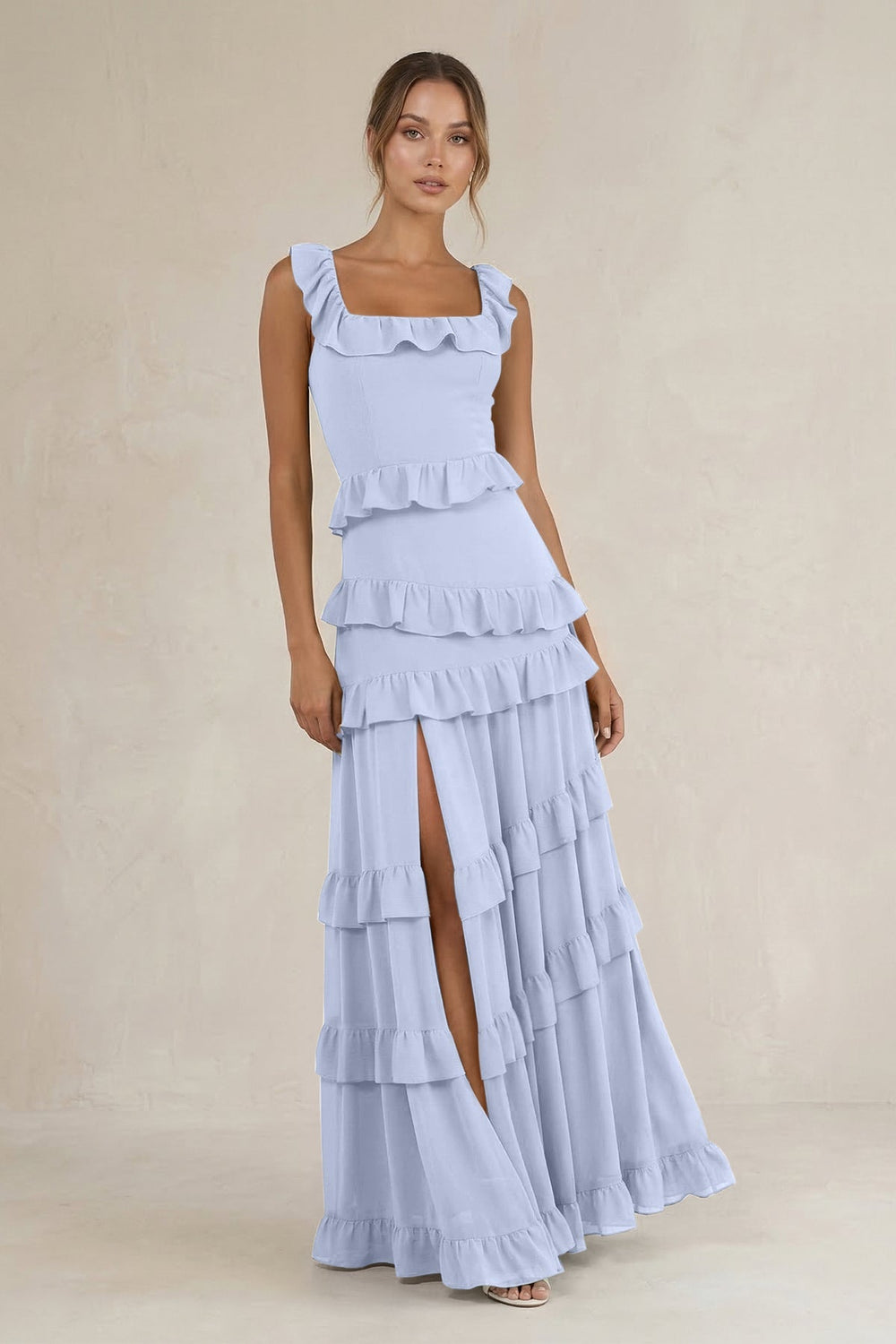 Tiered Square Neck Ruffled A - Line Bridesmaid Dress in Ice - KISS BRIDAL Bridesmaid Dresses