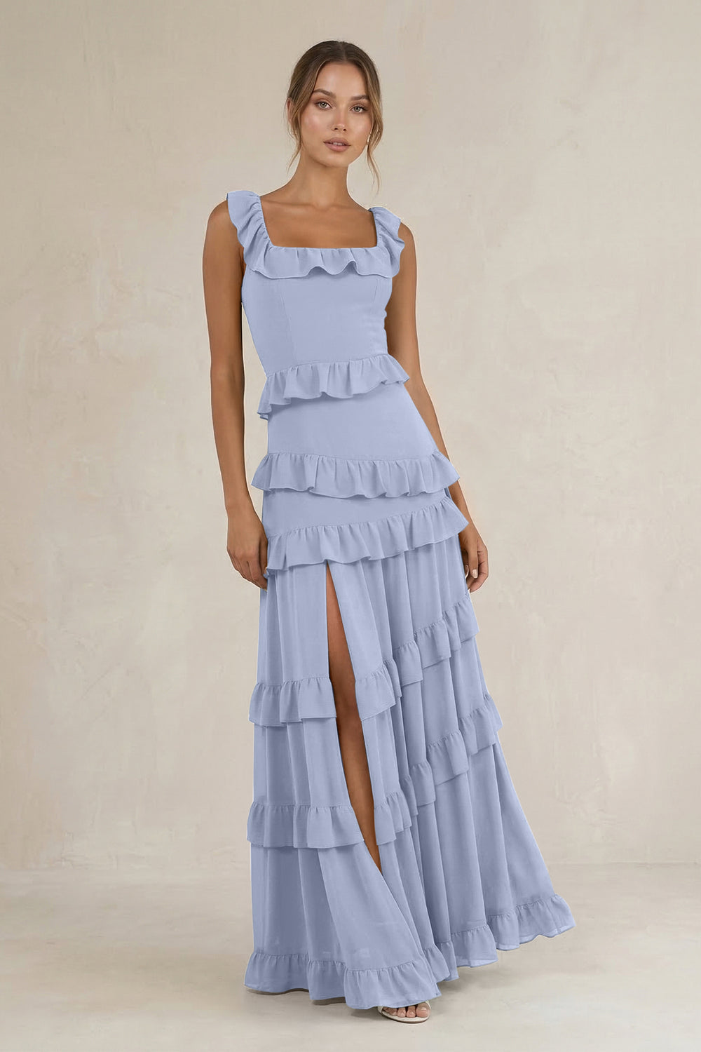 Tiered Square Neck Ruffled A-Line Bridesmaid Dress in Ice