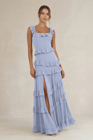 Tiered Square Neck Ruffled A-Line Bridesmaid Dress in Ice | KISSBRIDAL