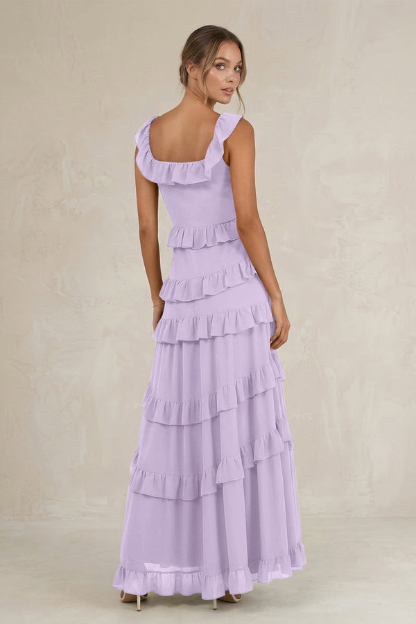 Tiered Square Neck Ruffled A - Line Bridesmaid Dress in Lavender - SHE IS ME Bridesmaid Dresses