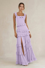 Tiered Square Neck Ruffled A - Line Bridesmaid Dress in Lavender - KISS BRIDAL Bridesmaid Dresses