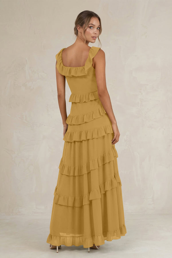 Tiered Square Neck Ruffled A-Line Bridesmaid Dress in Marigold (2) | KISSBRIDAL