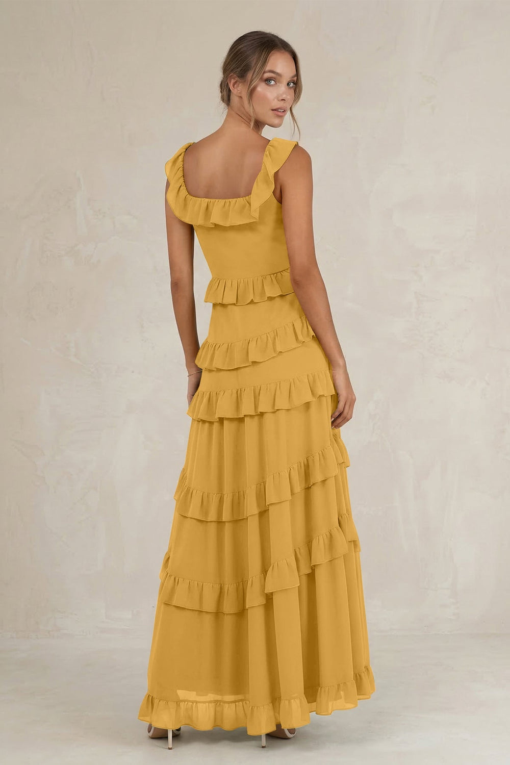 Tiered Square Neck Ruffled A - Line Bridesmaid Dress in Marigold - KISS BRIDAL Bridesmaid Dresses
