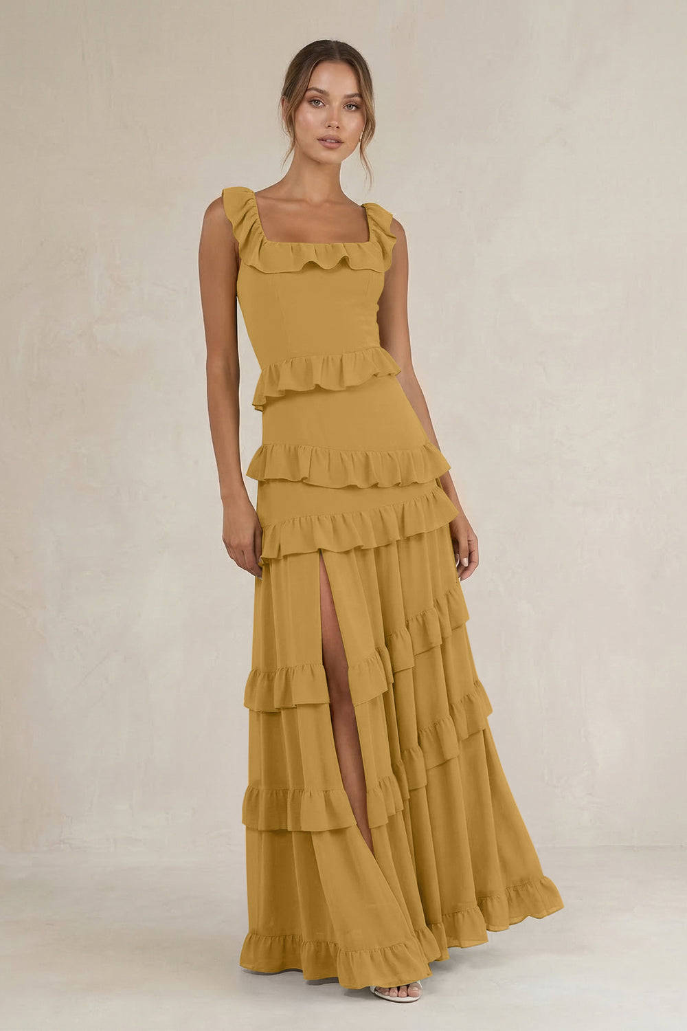 Tiered Square Neck Ruffled A-Line Bridesmaid Dress in Marigold