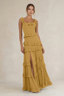 Tiered Square Neck Ruffled A-Line Bridesmaid Dress in Marigold | KISSBRIDAL