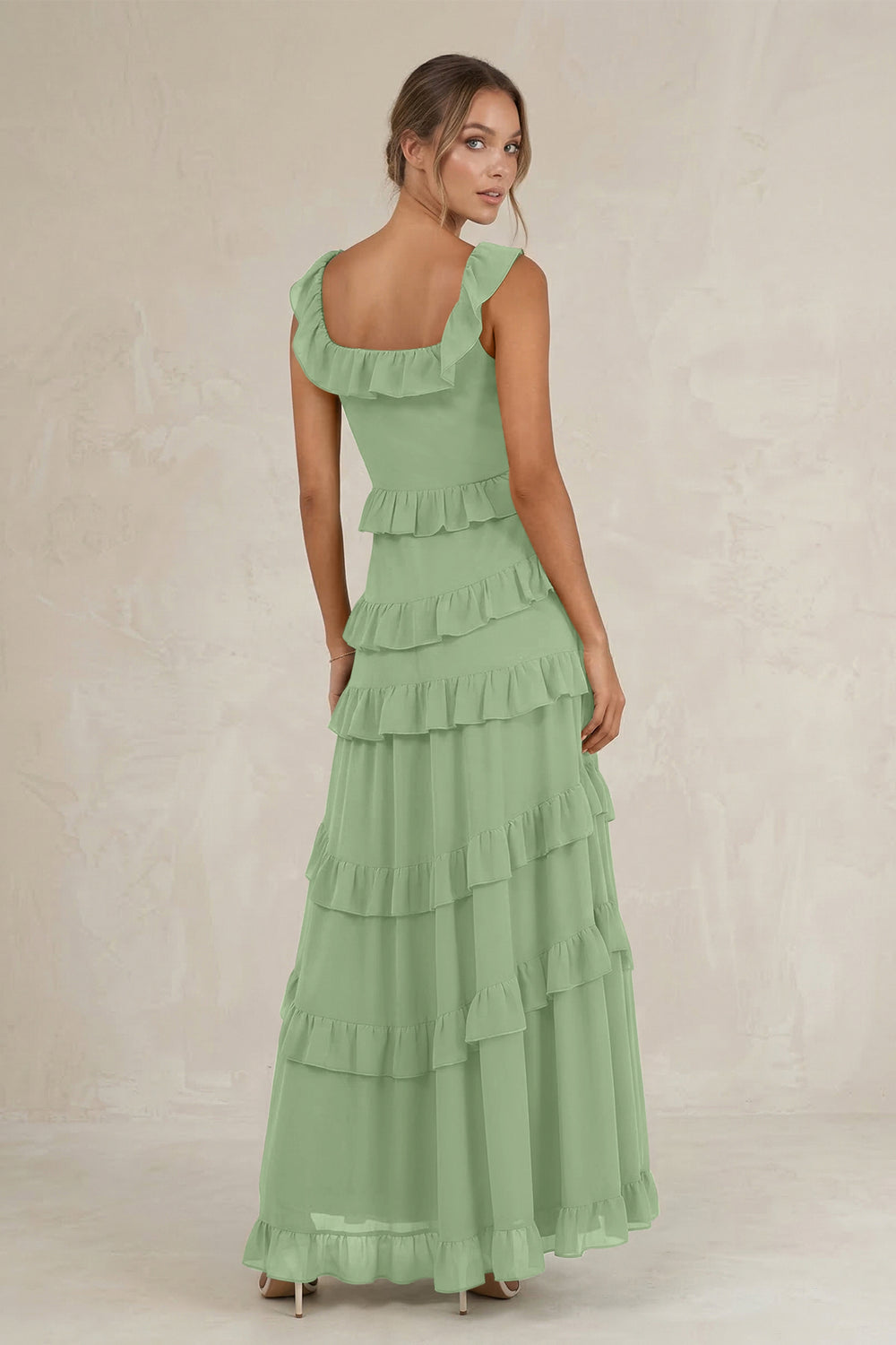 Tiered Square Neck Ruffled A-Line Bridesmaid Dress in Matcha