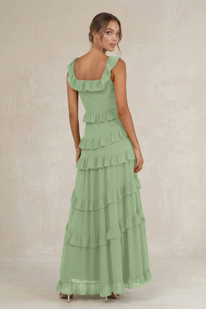 Tiered Square Neck Ruffled A-Line Bridesmaid Dress in Matcha (2) | KISSBRIDAL