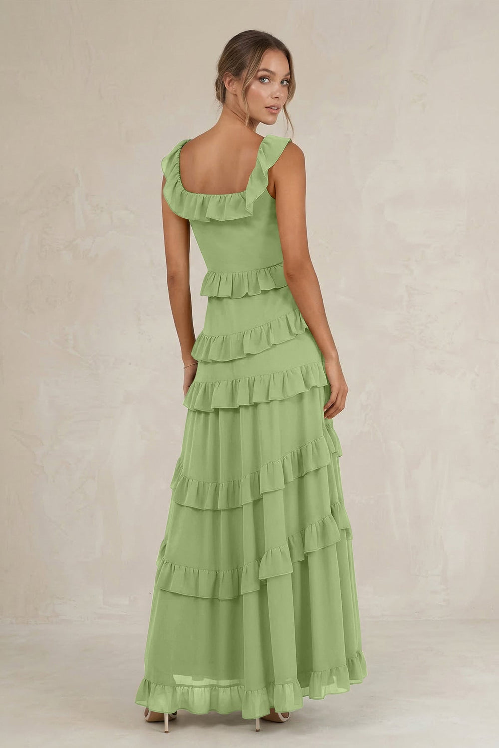 Tiered Square Neck Ruffled A - Line Bridesmaid Dress in Matcha - KISS BRIDAL Bridesmaid Dresses