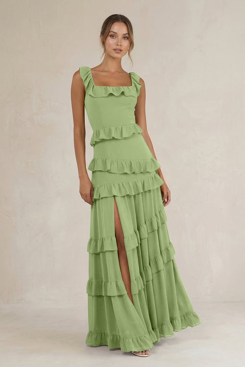 Tiered Square Neck Ruffled A - Line Bridesmaid Dress in Matcha - SHE IS ME Bridesmaid Dresses